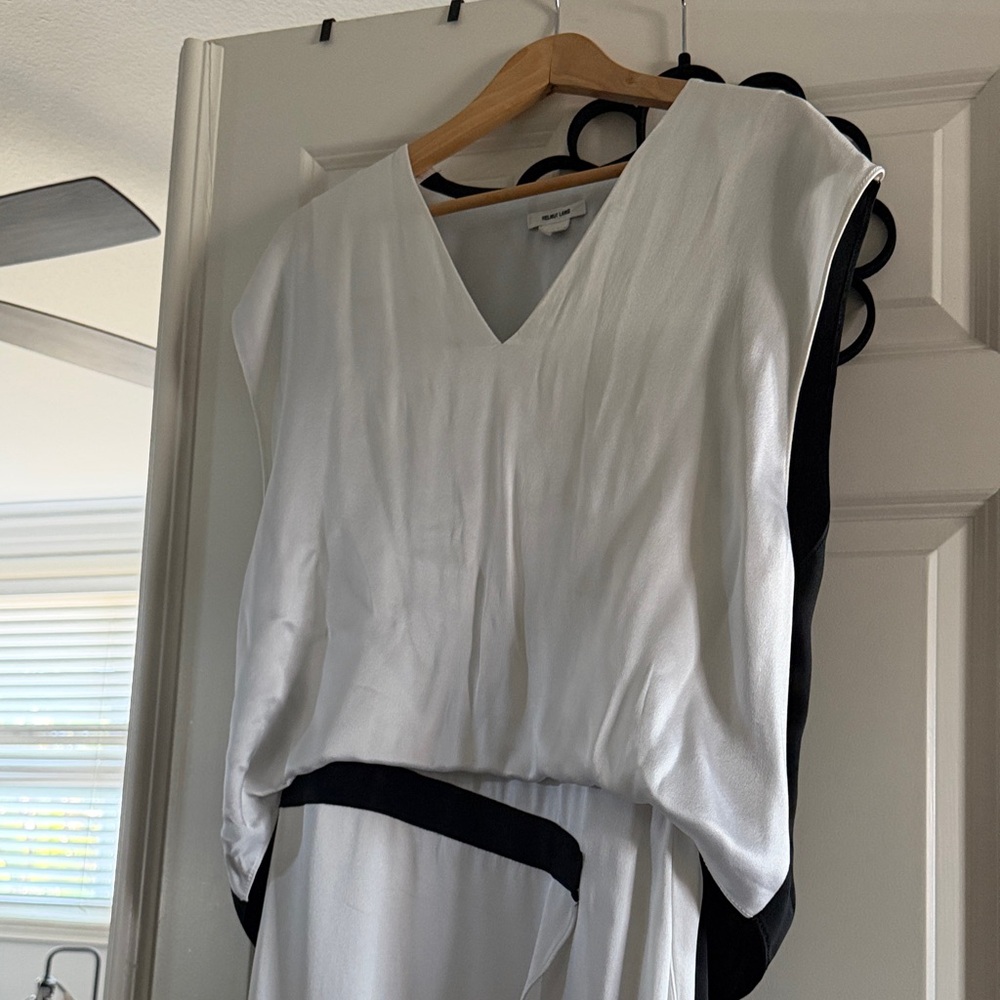 Helmut Lang White and Black Draped V-Neck Dress